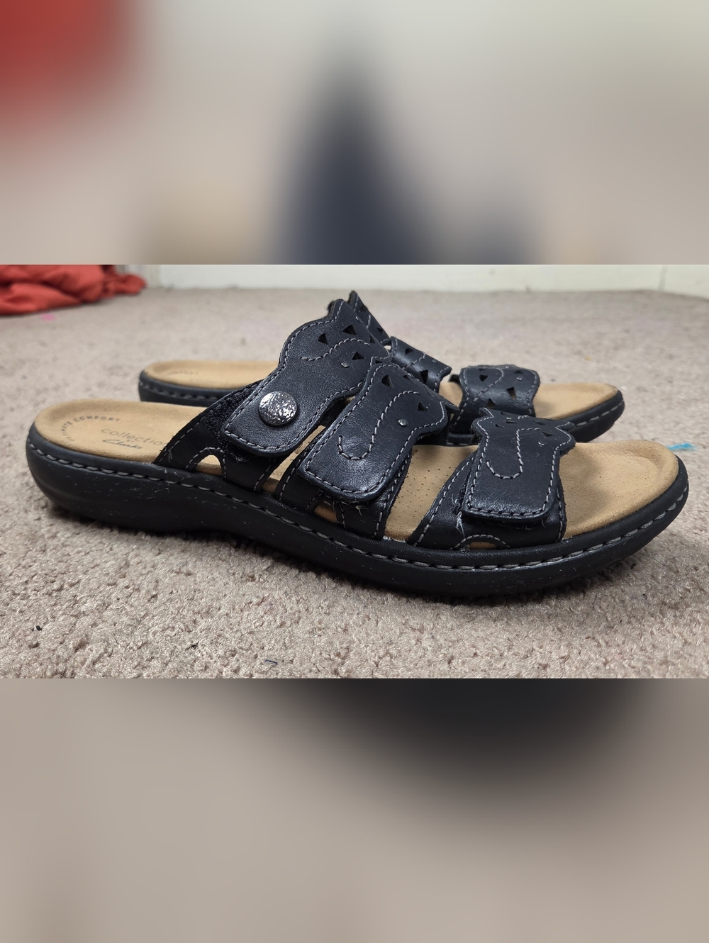 Clarks Black Leather Slide Sandals